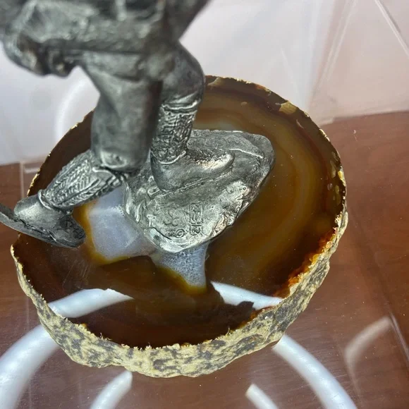 Bronze Figure, Young Boy Skating on a Lake of Banded Agate, Signed/Dated
